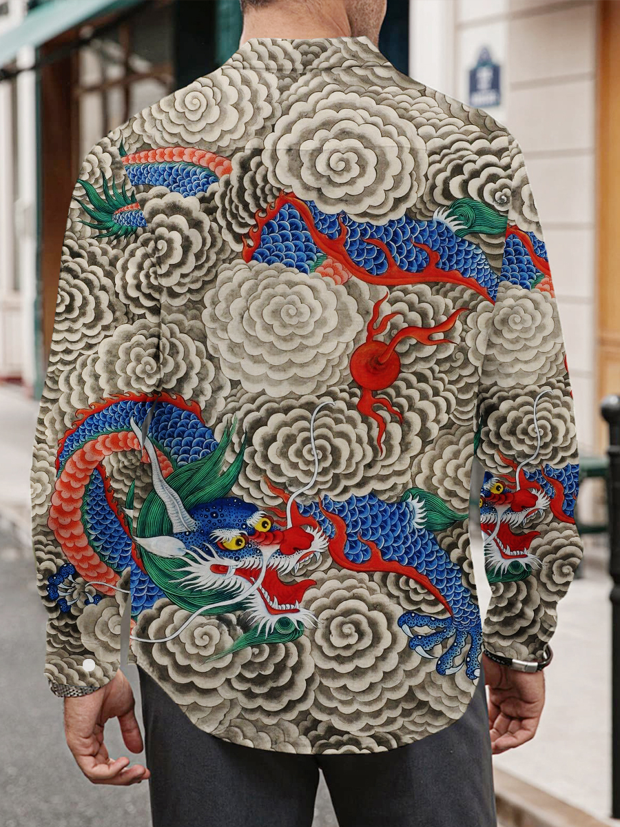 Retro Dragon Print Long Sleeve Hawaiian Shirt