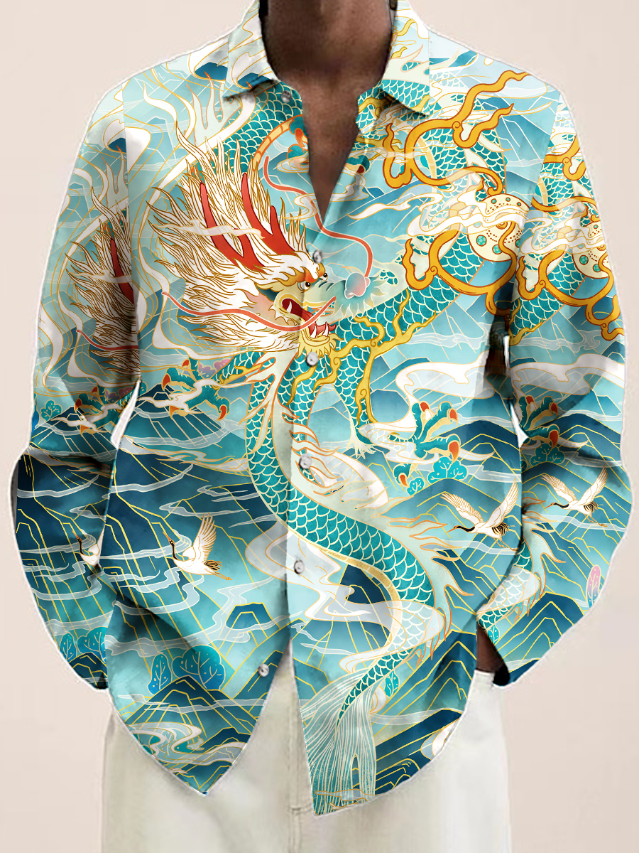 Chinese Loong Print Long Sleeve Hawaiian Shirt