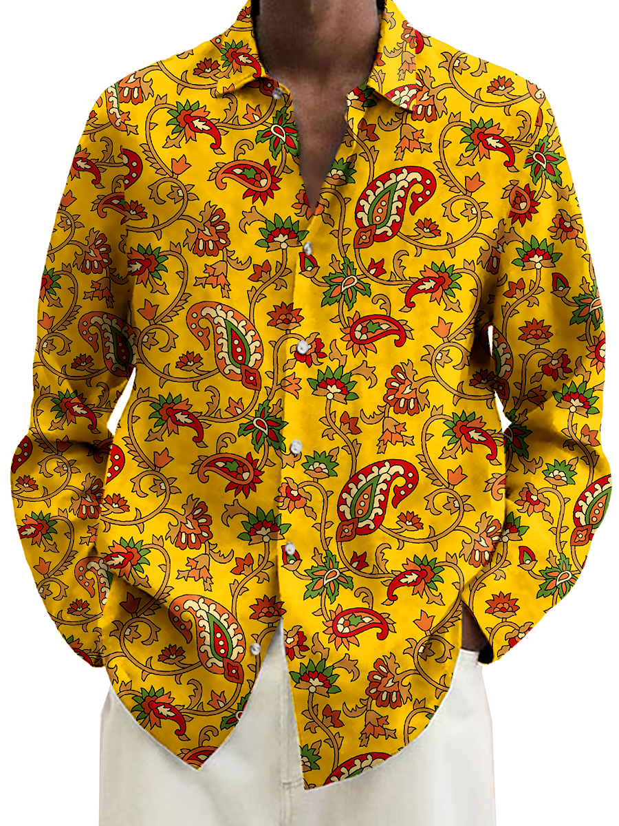 Men's Shirt Vintage Floral Print Casual Vacation Oversized Long Sleeve Shirt