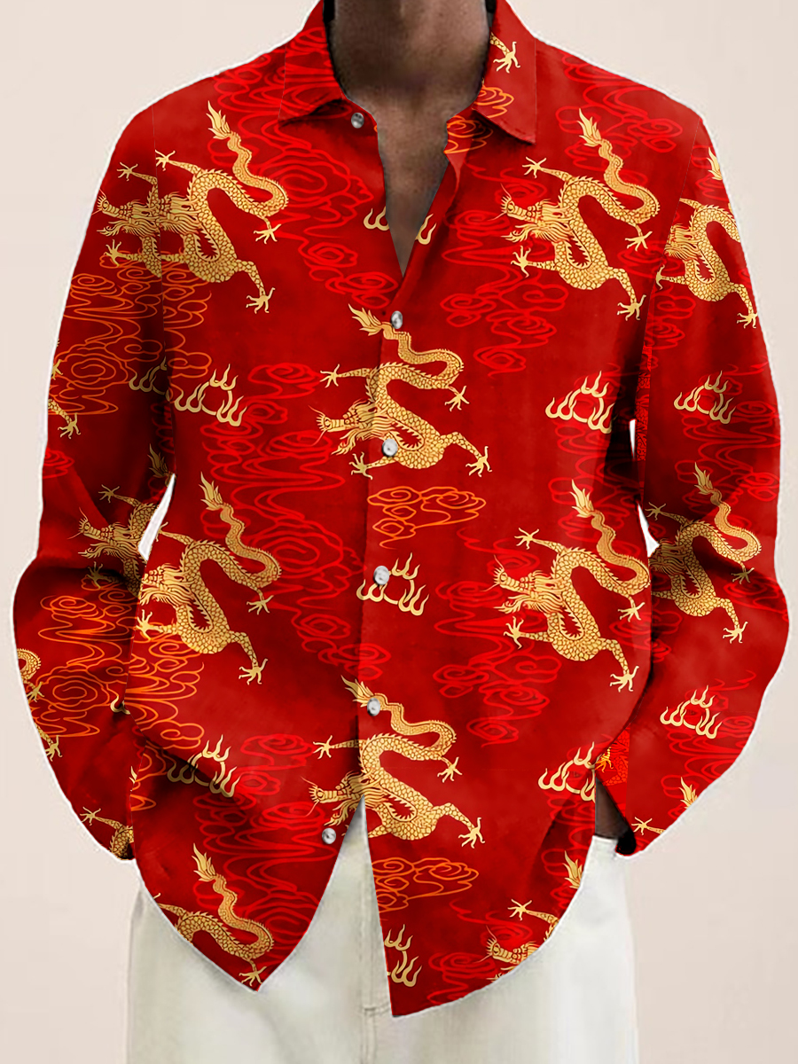 Art New Year Dragon Print Long Sleeve Hawaiian Shirt