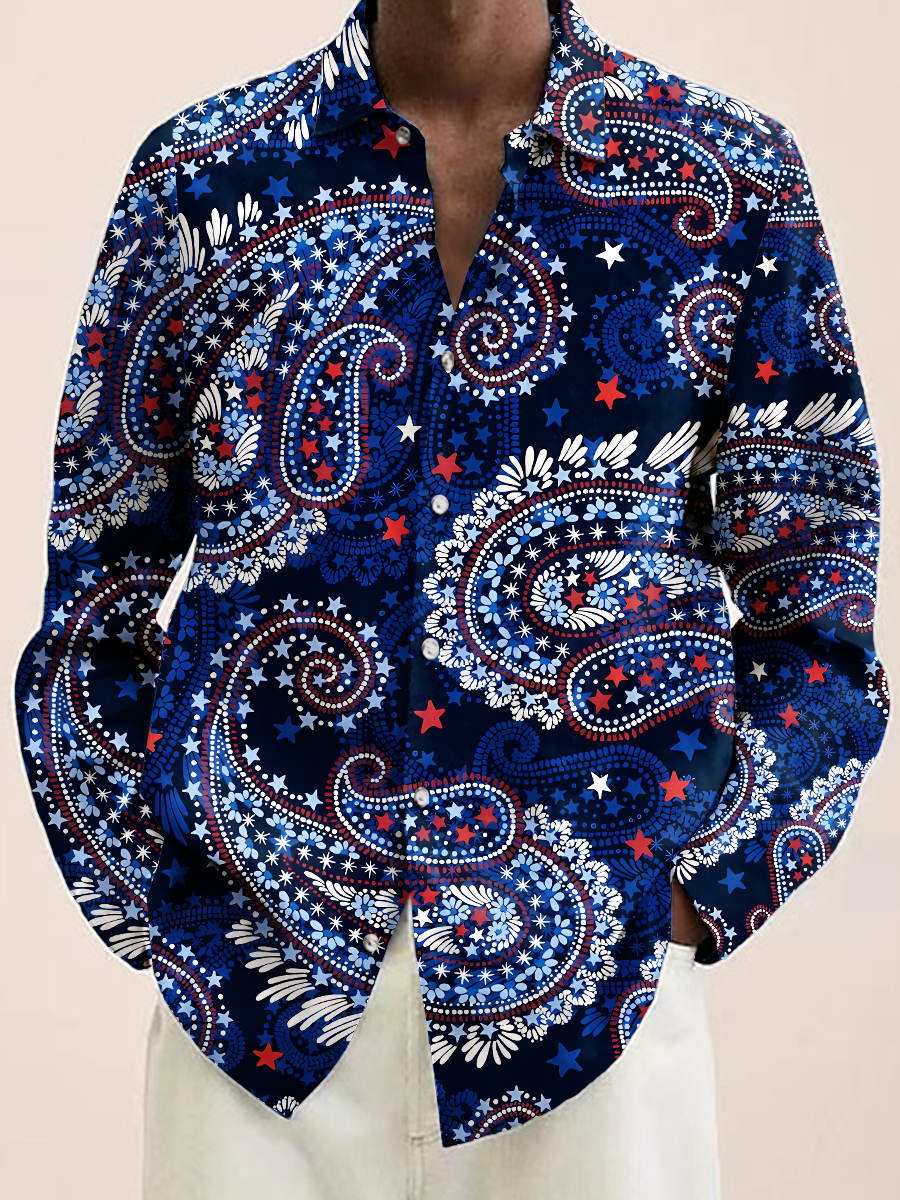 Blue Paisley Pattern Casual Loose Long Sleeved Shirt