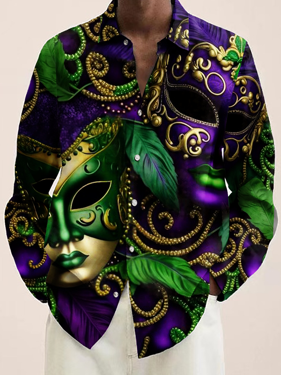 Art Mardi Gras Mask Print Long Sleeve Hawaiian Shirt