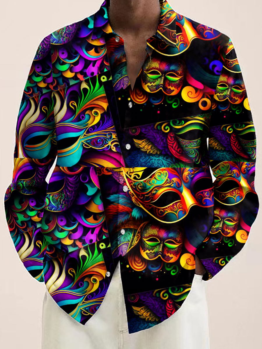 Men's Mardi Gras Mask Collection Print Long Sleeve Shirt
