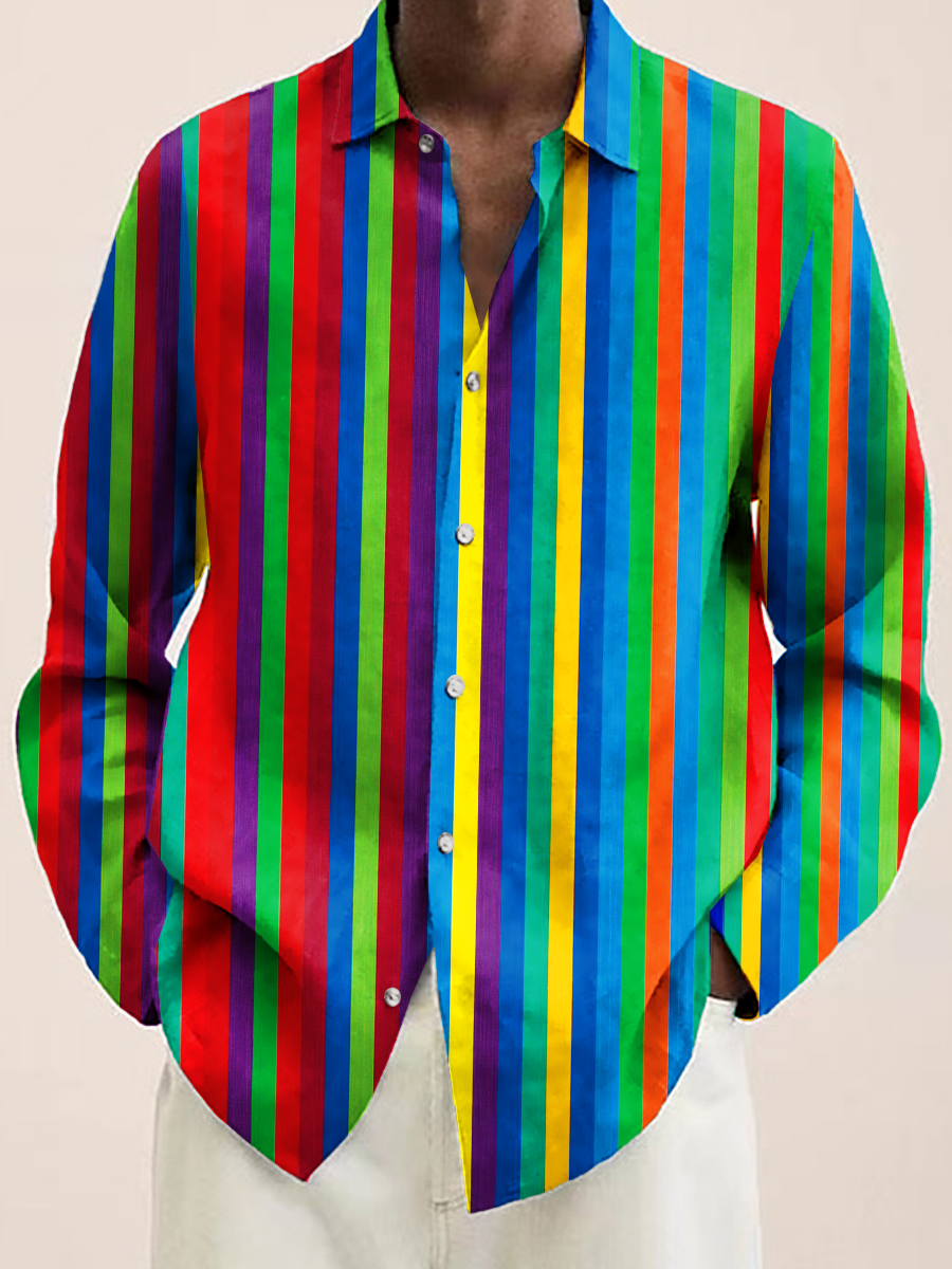 Men's Hawaiian Shirt Rainbow Vertical Stripes Print Casual Vacation Oversized Long Sleeve Shirt