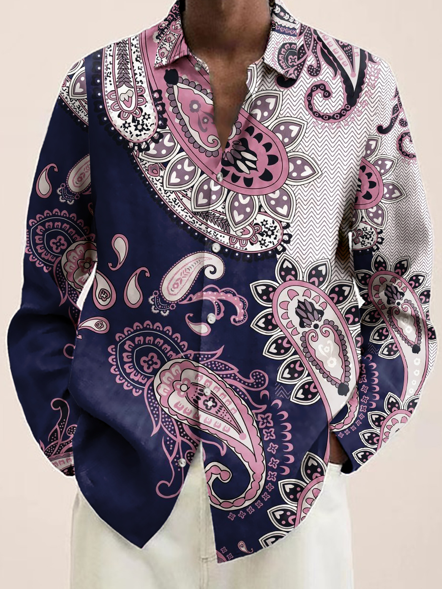 Men's Double Color Paisley Print Long Sleeve Shirt