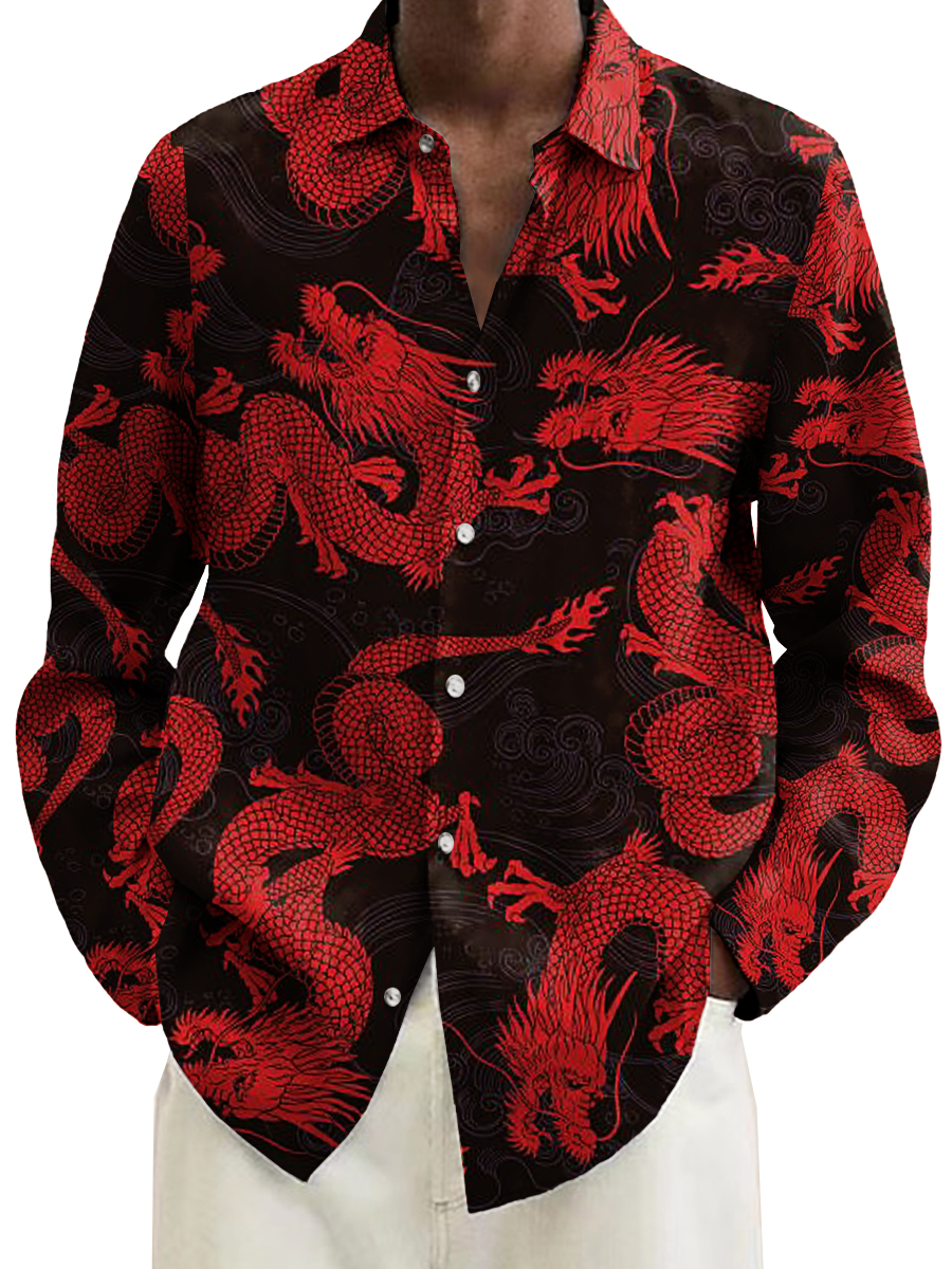 Men's Art New Year Dragon Print Long Sleeve Shirt