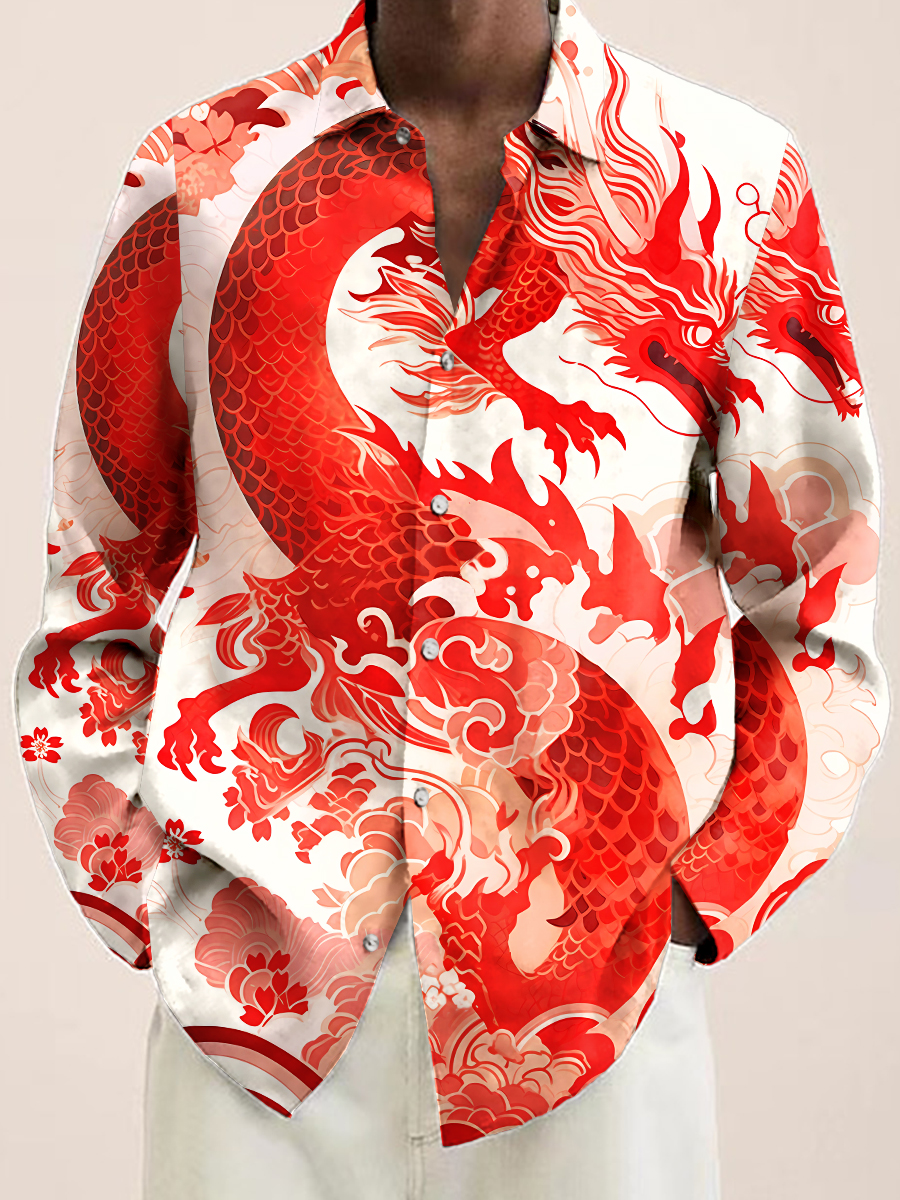 Men's New Year Dragon Print Long Sleeve Shirt