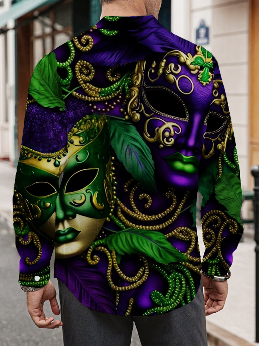 Art Mardi Gras Mask Print Long Sleeve Hawaiian Shirt