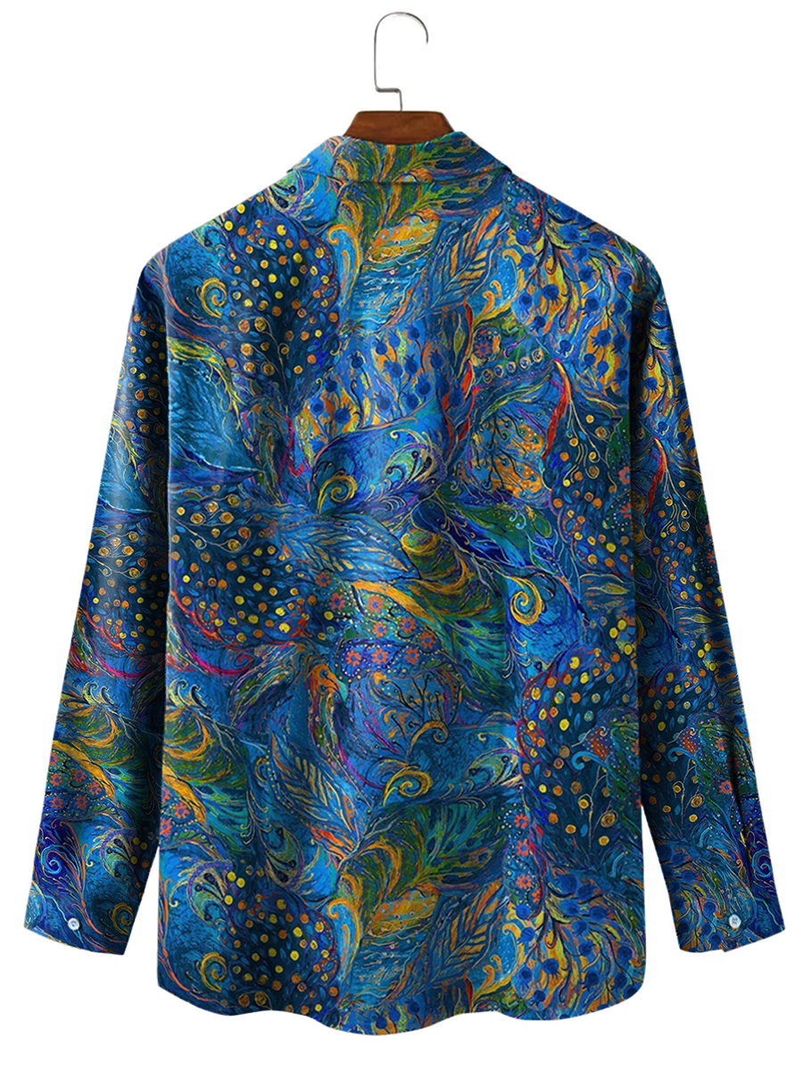 Men's Hawaiian Peacock Feather Print Casual Vacation Long Sleeve Shirt