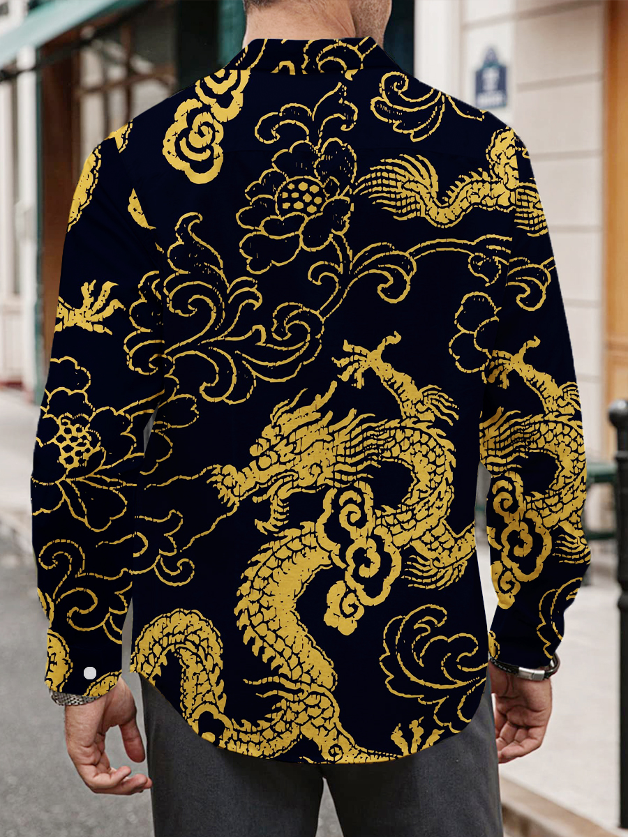 Men's Retro Dragon Print Long Sleeve Shirt