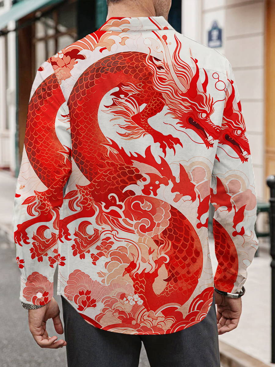 Men's New Year Dragon Print Long Sleeve Shirt