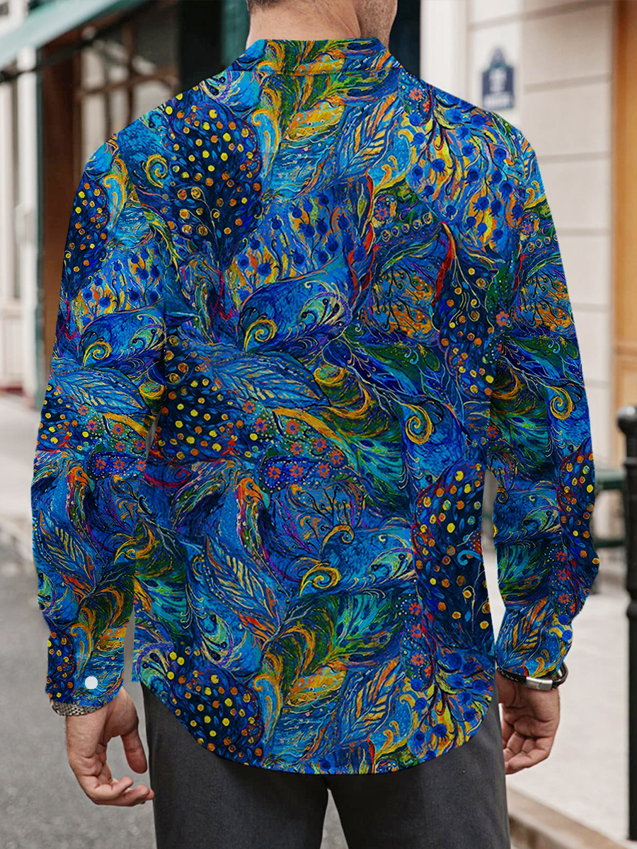 Men's Hawaiian Shirt Peacock Feather Print Casual Vacation Oversized Long Sleeve Shirt