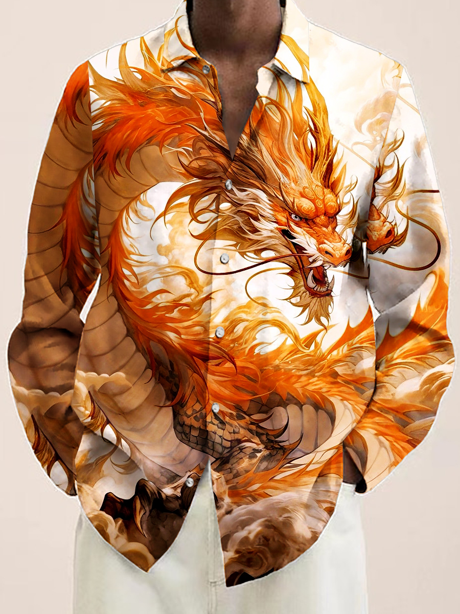 Art Golden Loong Print Long Sleeve Hawaiian Shirt
