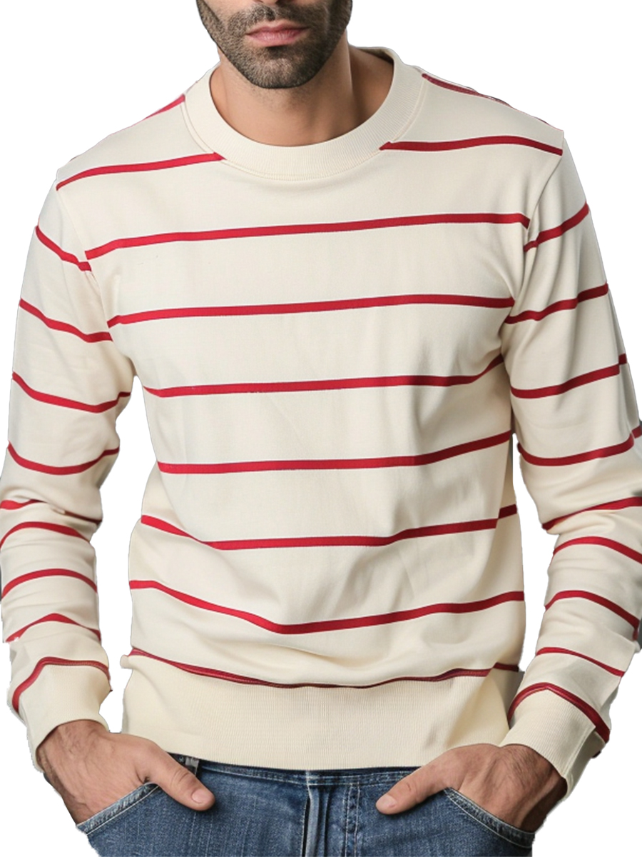 Men's Sweatshirt Red Stripes Casual Beige Sweatshirt