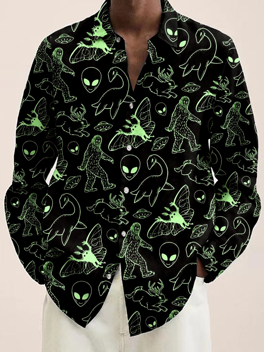 Alien And Dinosaur Pattern Long Sleeve Hawaiian Shirt