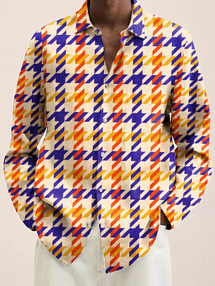 Men's Hawaiian Shirt Houndstooth Print Long Sleeve Shirt