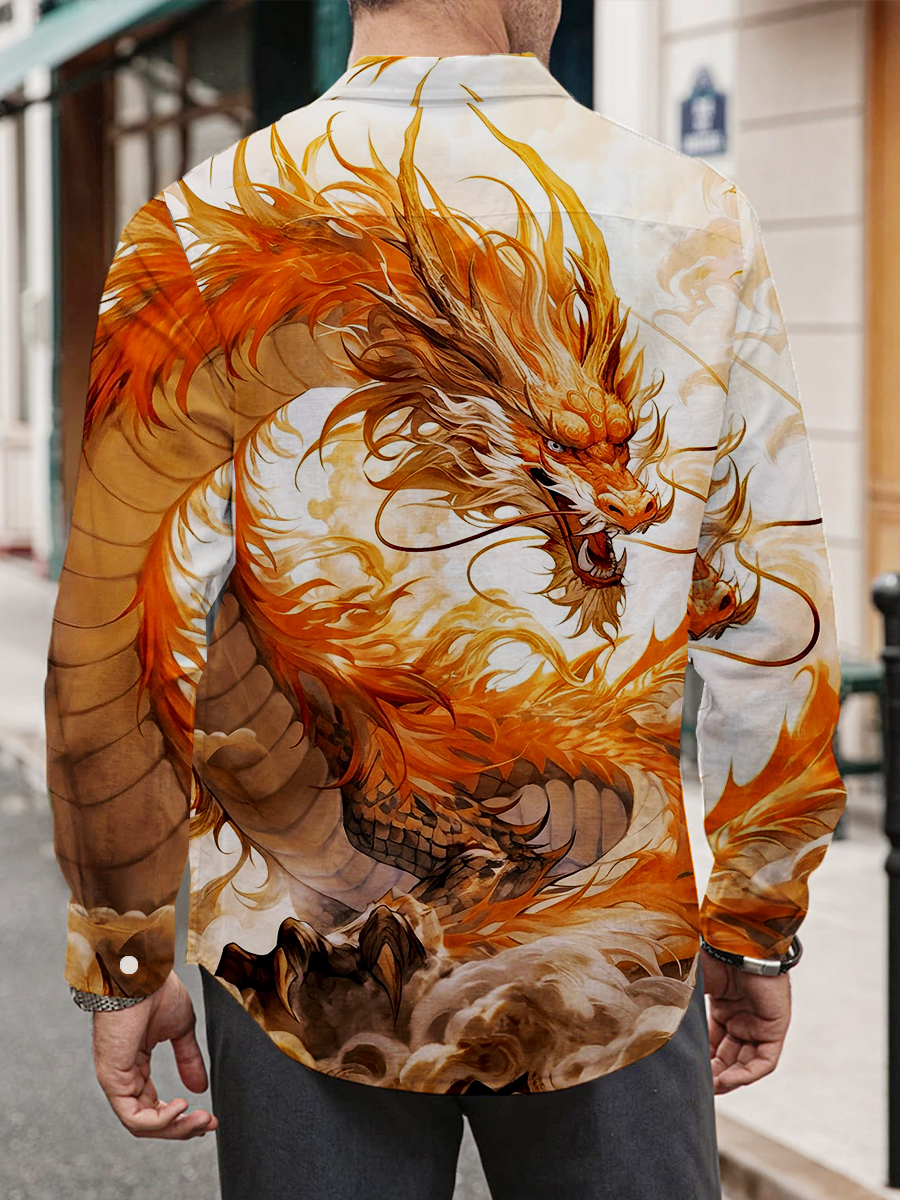 Art Golden Loong Print Long Sleeve Hawaiian Shirt