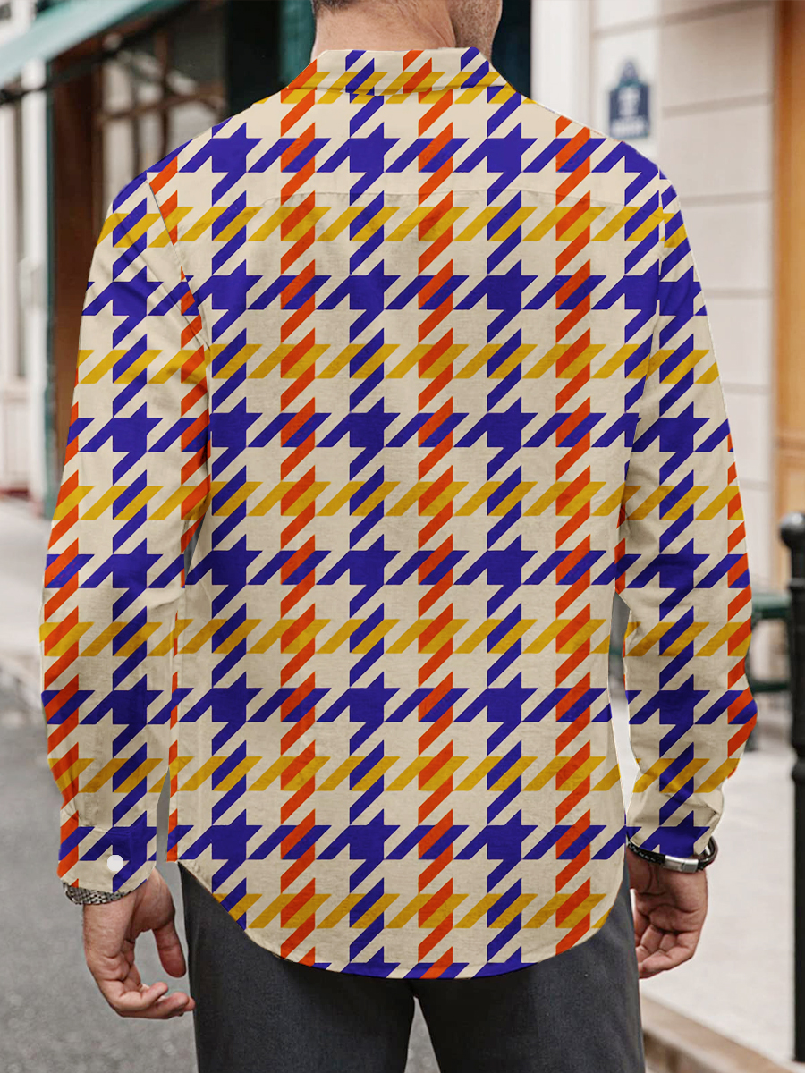Men's Hawaiian Shirt Houndstooth Print Long Sleeve Shirt