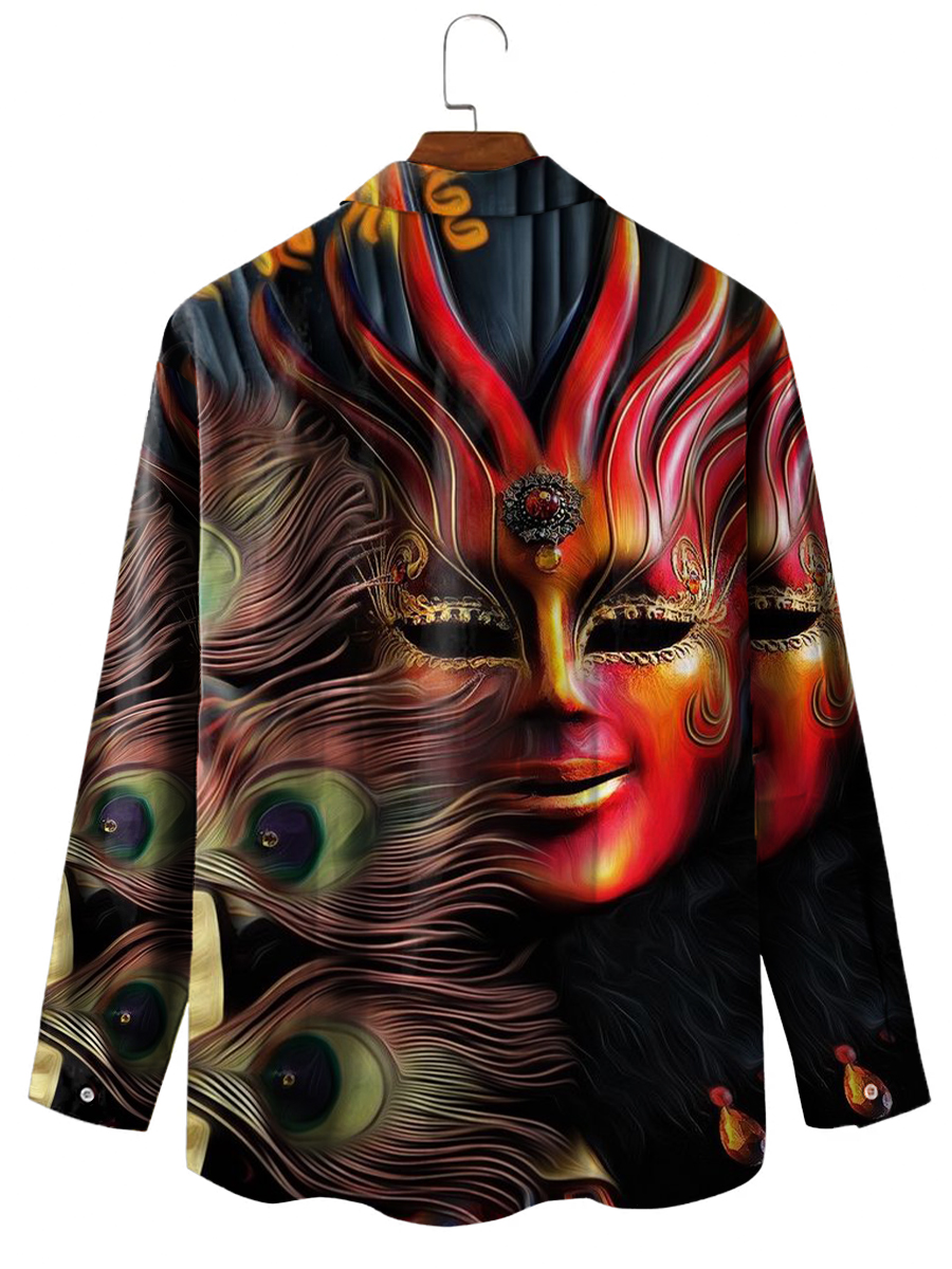 Men's Hawaiian Shirt Mardi Gras Mask Print Casual Vacation Oversized Long Sleeve Shirt