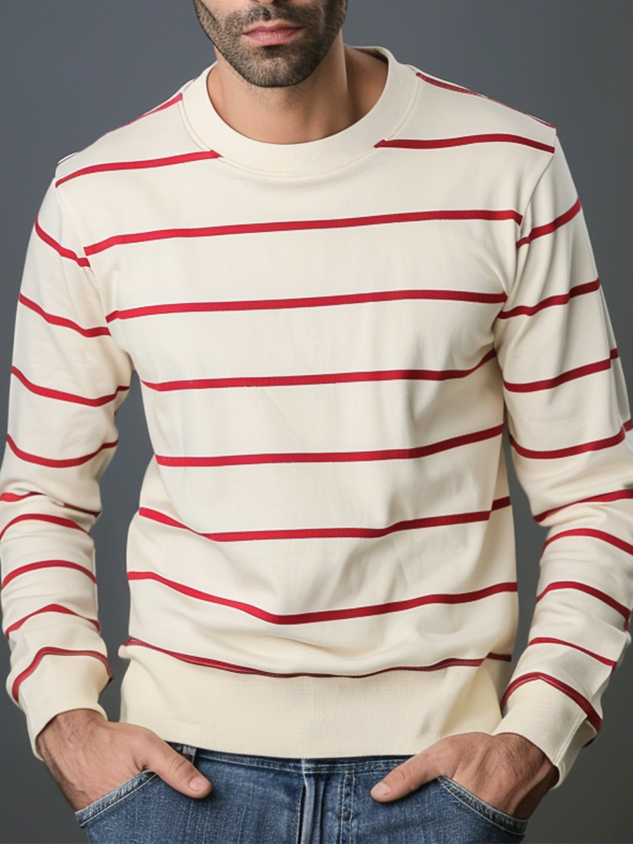 Men's Sweatshirt Red Stripes Casual Beige Sweatshirt