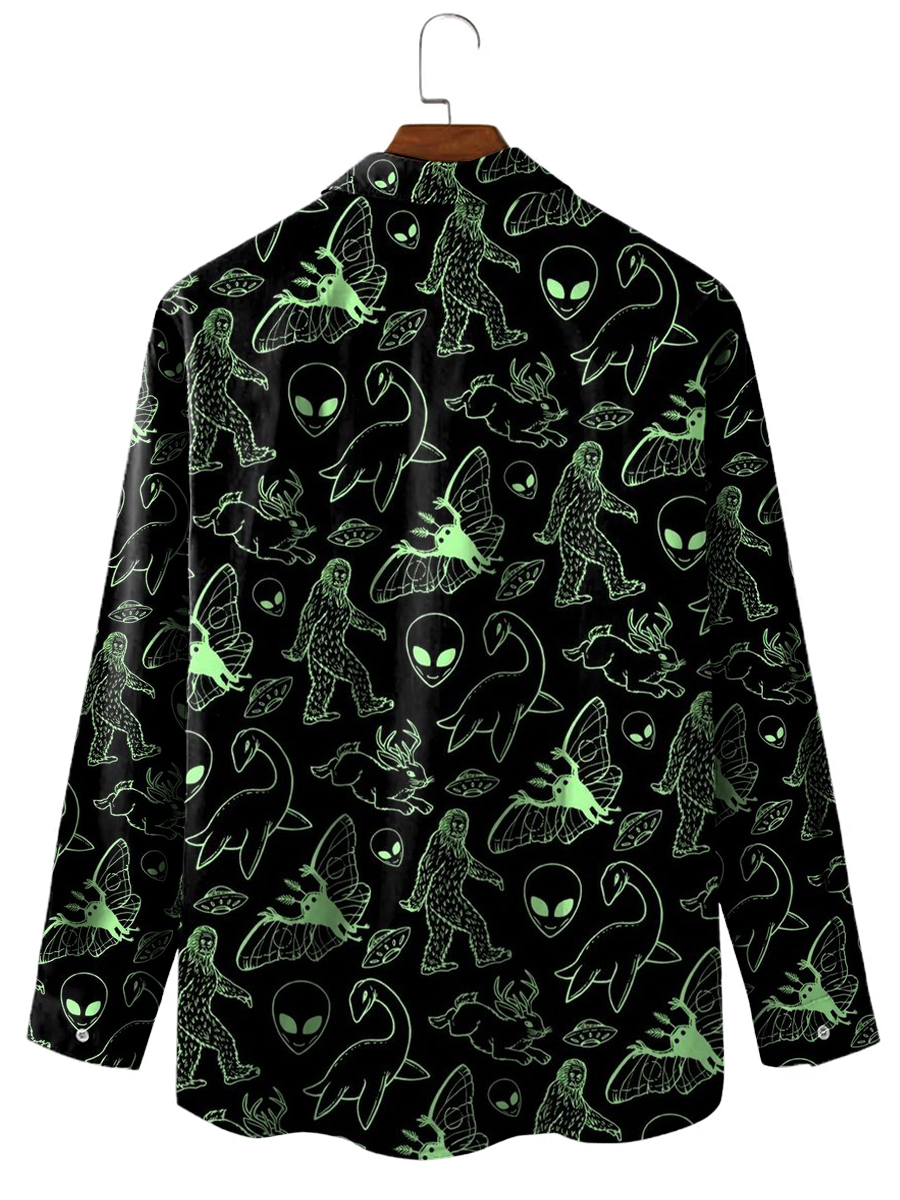 Alien And Dinosaur Pattern Long Sleeve Hawaiian Shirt