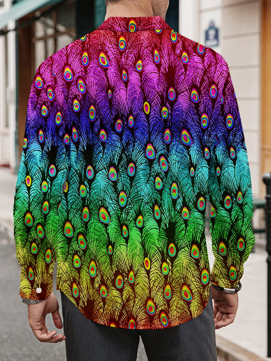 Men's Hawaiian Shirt Peacock Feather Print Casual Vacation Oversized Long Sleeve Shirt