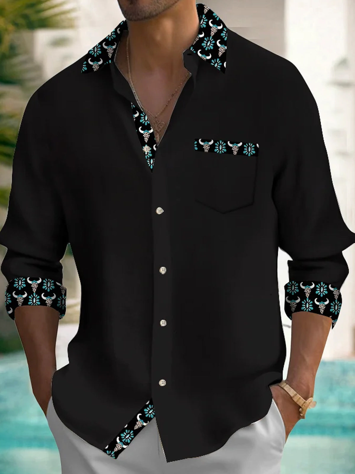 Men's Button Native Bull Print Pocket Long Sleeve Shirt
