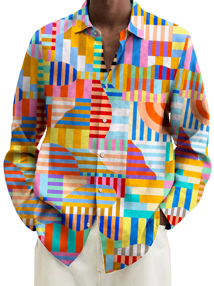 Art Colorful Stripes Pattern Print Long Sleeve Hawaiian Shirt
