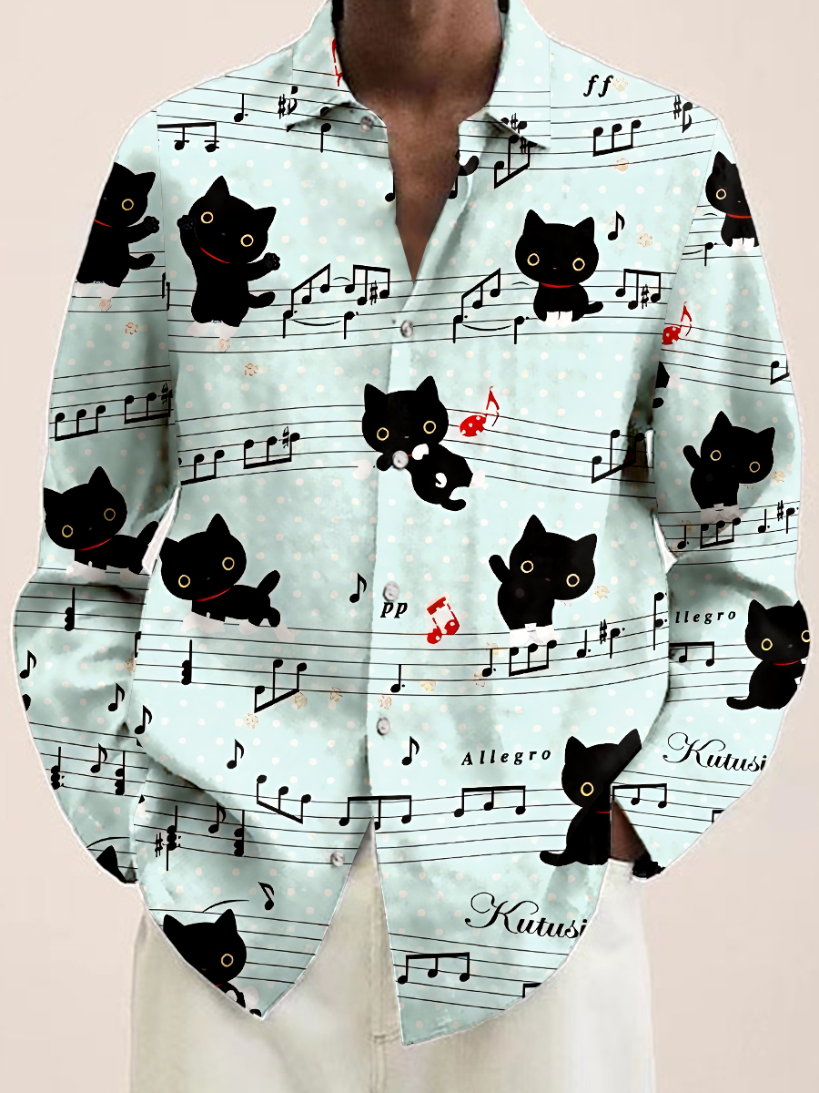 Musician Cat Print Long Sleeve Hawaiian Shirt
