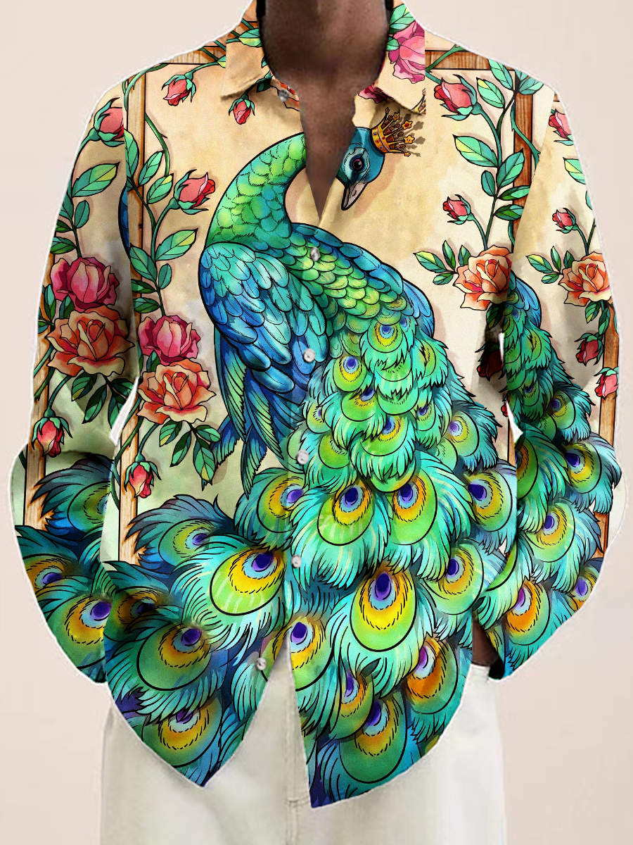 Men's Peacock Print Long Sleeve Shirt