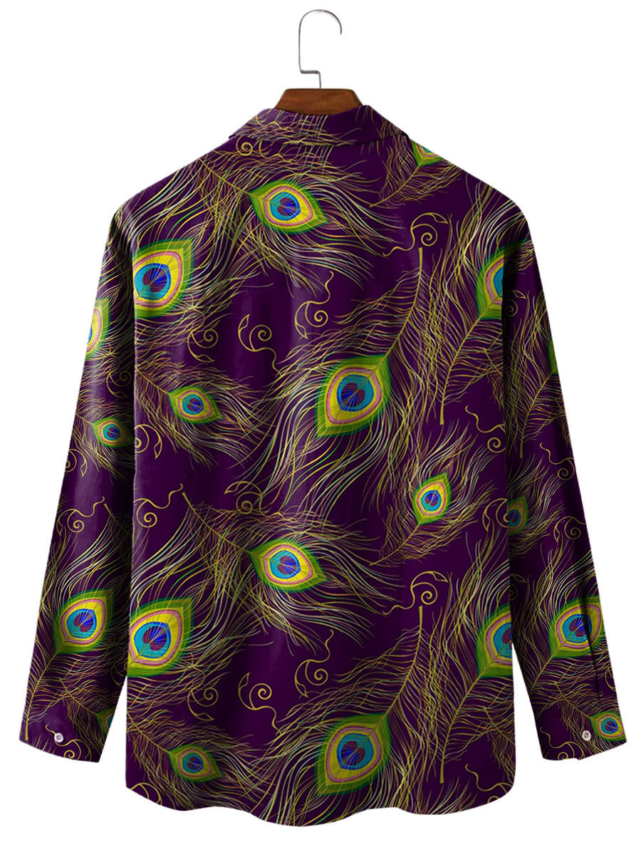 Men's Hawaiian Shirt Peacock Feather Print Casual Vacation Oversized Long Sleeve Shirt