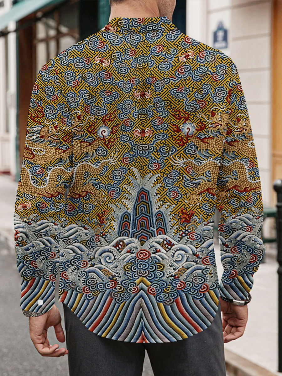 Retro Royal Dragon Pattern Print Long Sleeve Hawaiian Shirt