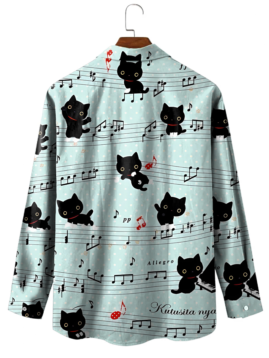 Musician Cat Print Long Sleeve Hawaiian Shirt
