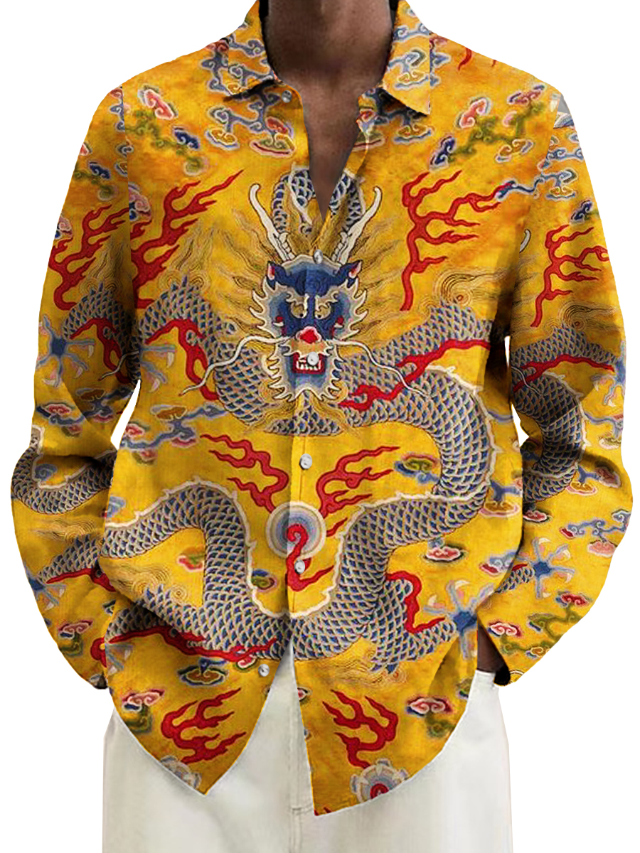 Retro Royal Dragon Print Long Sleeve Hawaiian Shirt