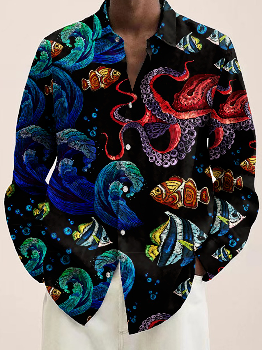 Men's Art Octopus Print Long Sleeve Shirt