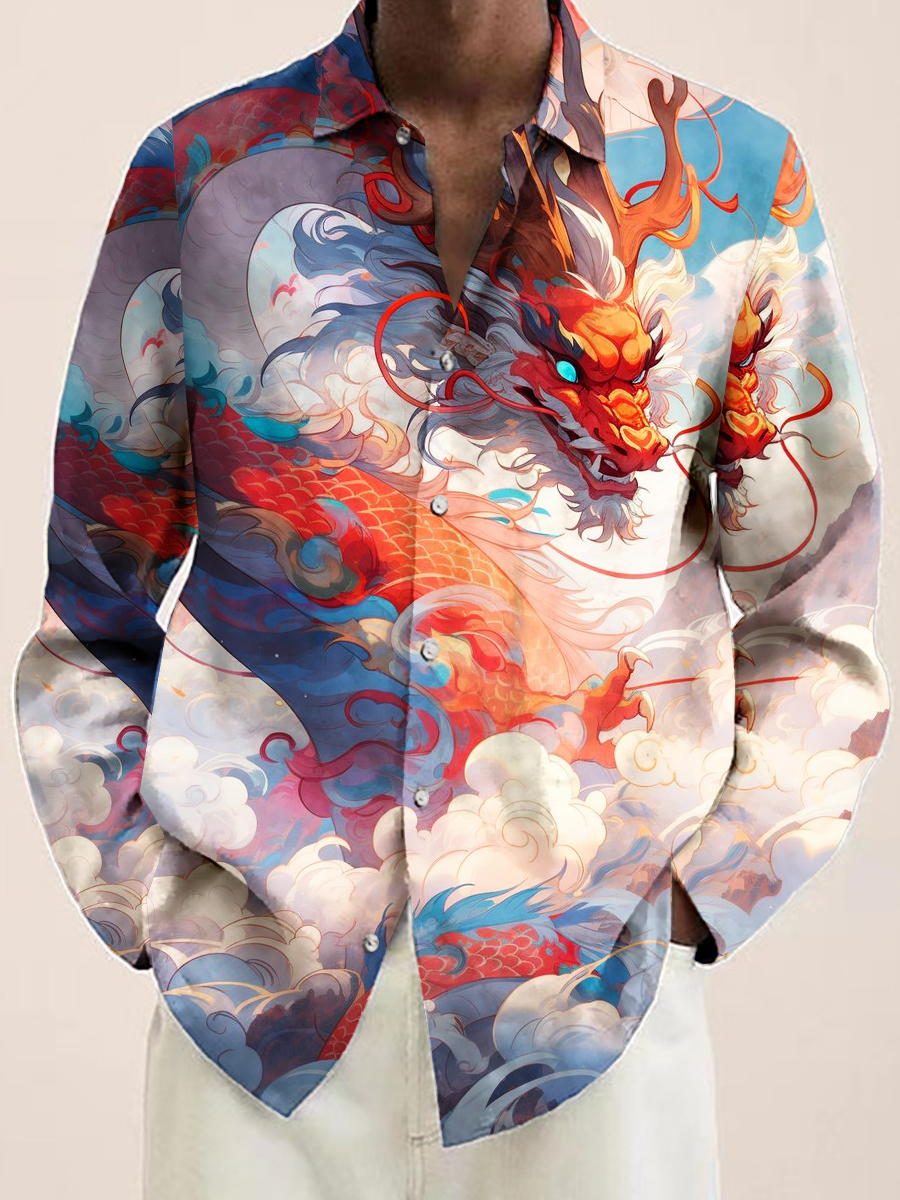 Retro Cloud Loong Print Long Sleeve Hawaiian Shirt