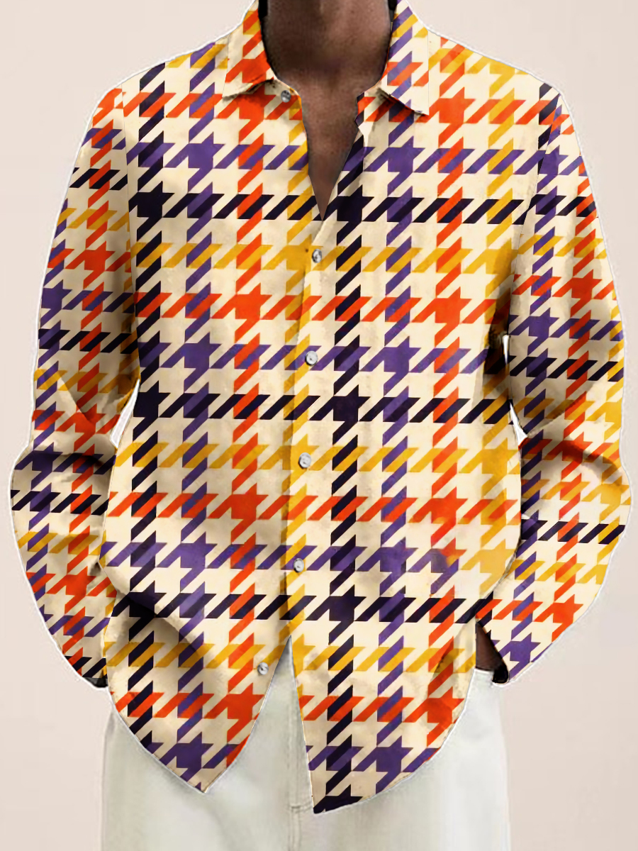 Men's Hawaiian Shirt Houndstooth Print Long Sleeve Shirt