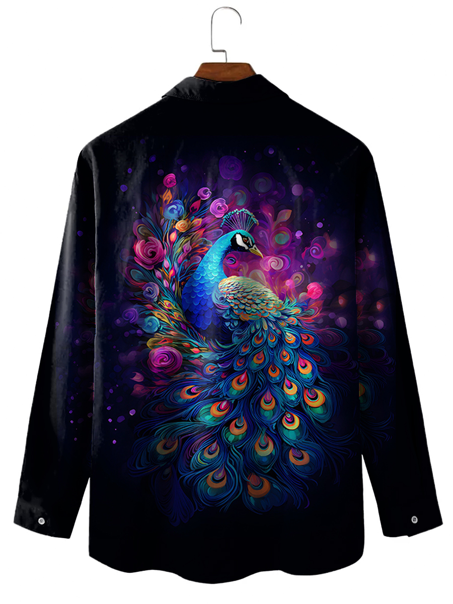 Men's Hawaiian Shirt Beautiful Peacock Print Casual Vacation Oversized Long Sleeve Shirt