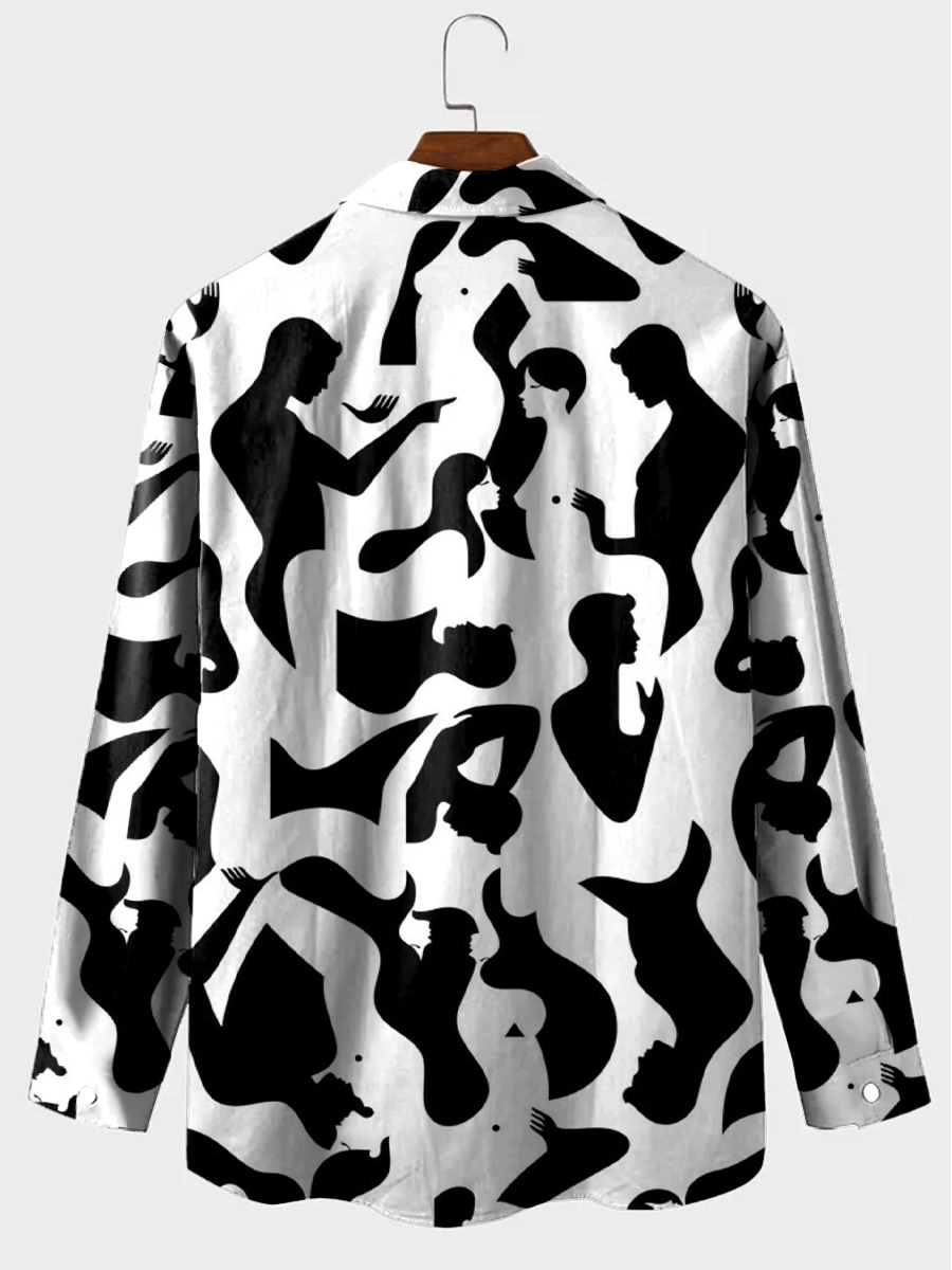 Men's Hawaiian Shirt Black And White Silhouette Print Casual Vacation Oversized Long Sleeve Shirt
