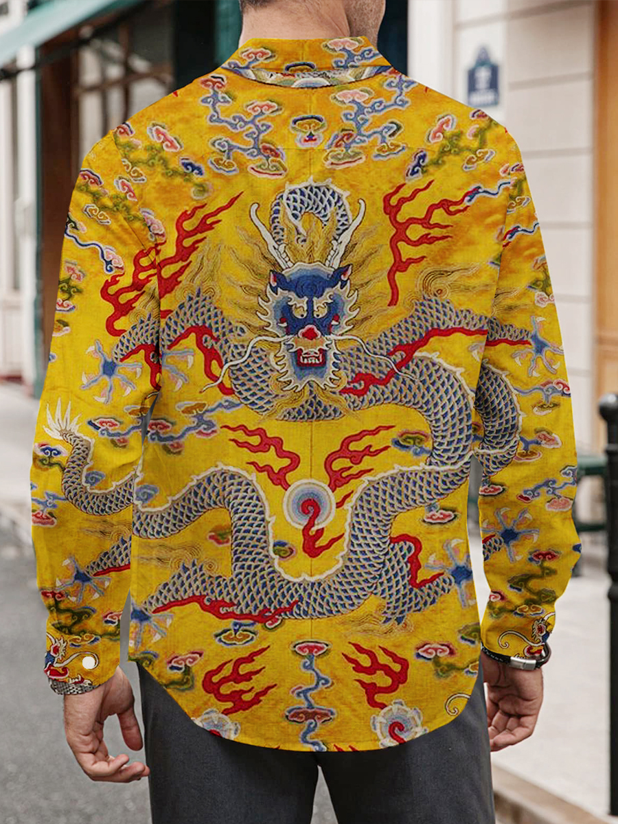 Retro Royal Dragon Print Long Sleeve Hawaiian Shirt