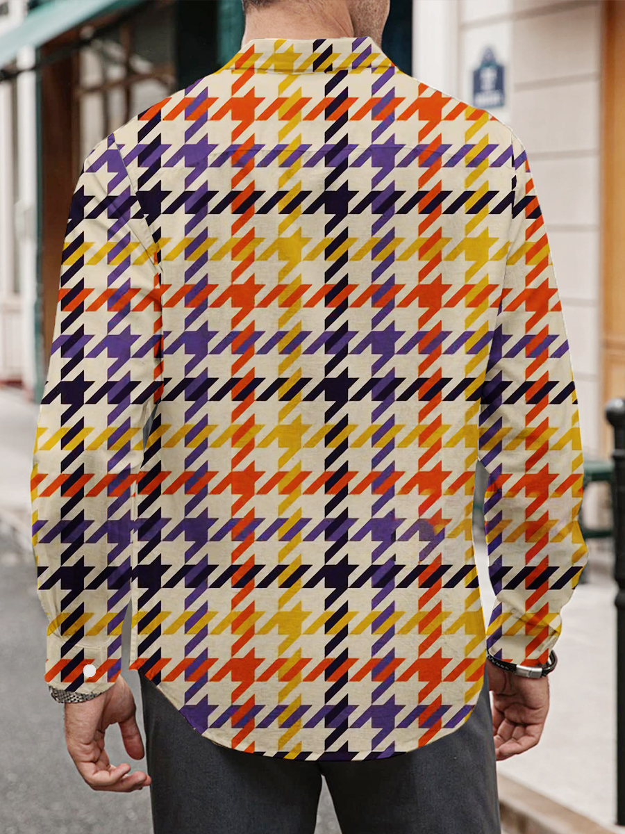 Men's Hawaiian Shirt Houndstooth Print Long Sleeve Shirt