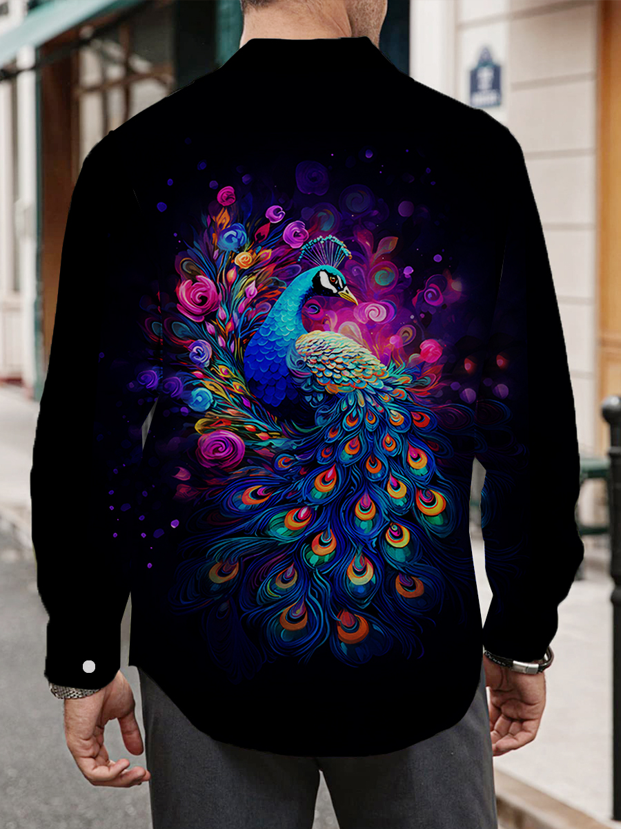 Men's Art Peacock Print Long Sleeve Shirt