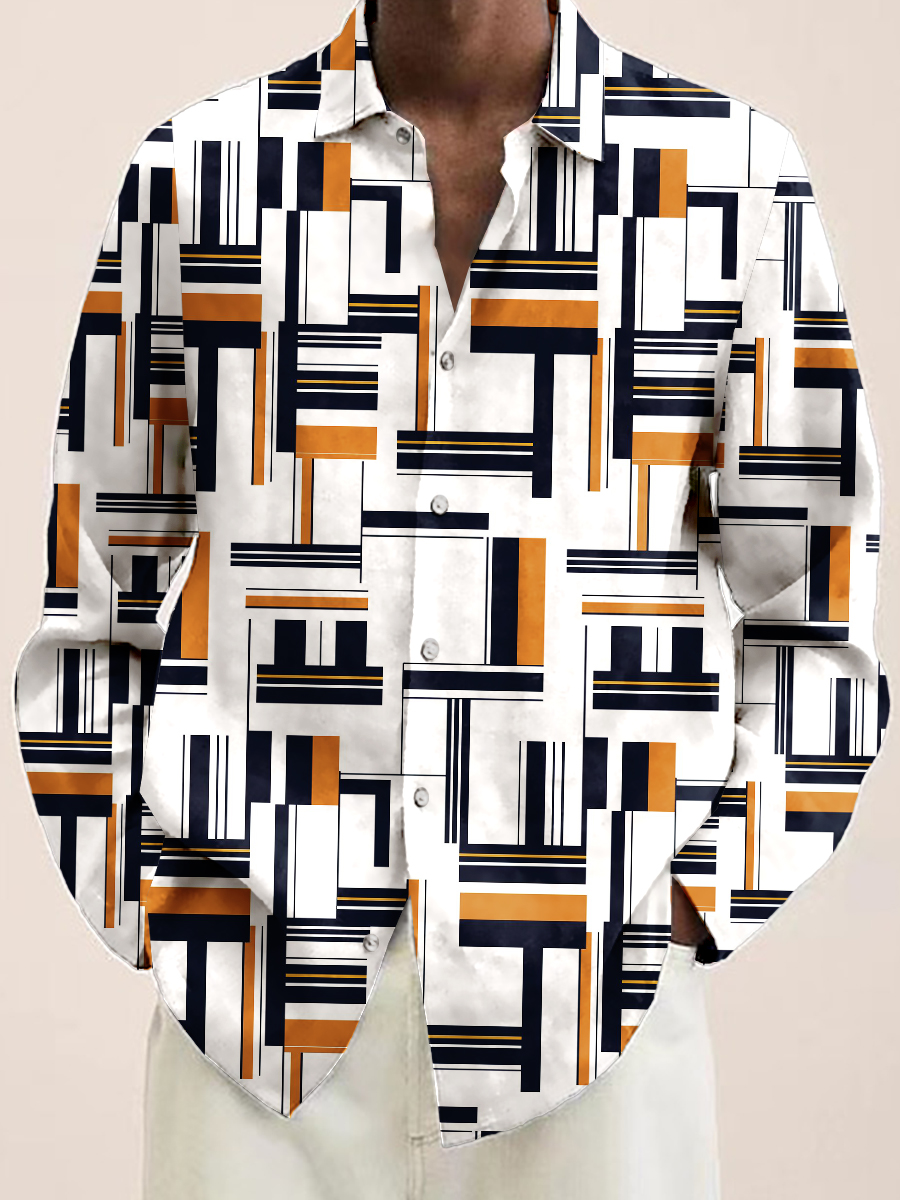 Men's Hawaiian Shirt Art Geometric Stripes Print Casual Vacation Oversized Long Sleeve Shirt