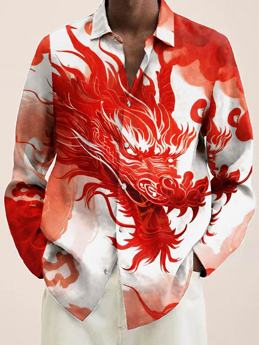 Chinese Loong Pattern Long Sleeve Hawaiian Shirt