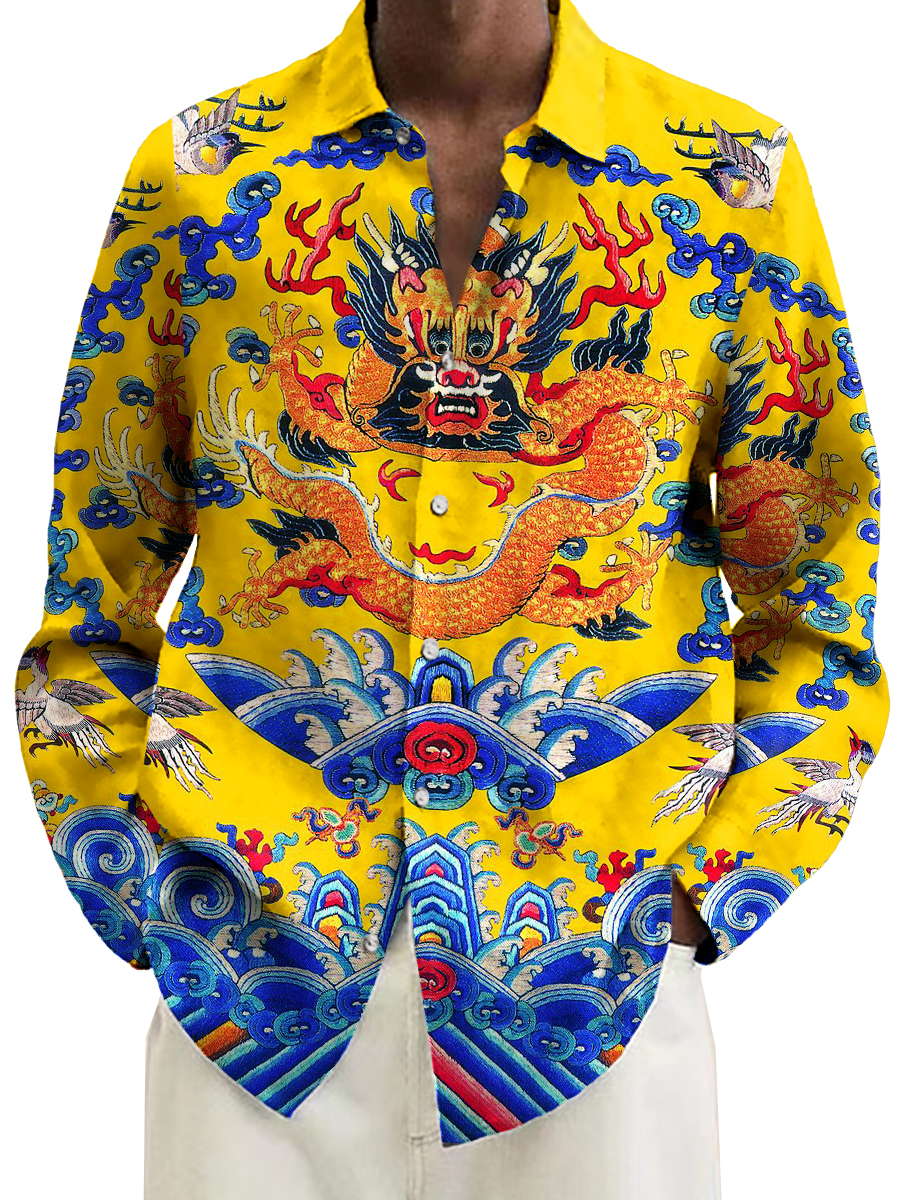 Retro Royal Golden Dragon Print Long Sleeve Hawaiian Shirt