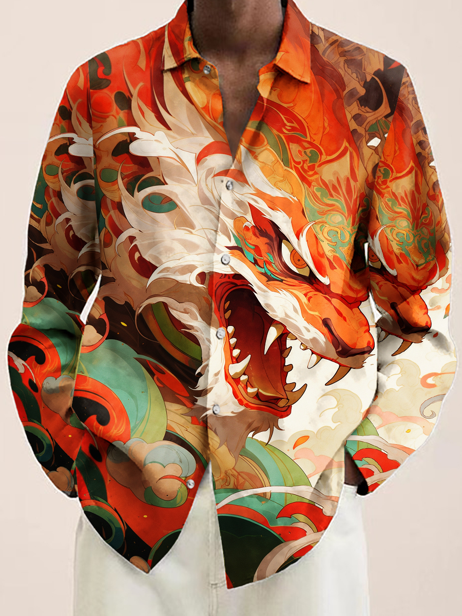 Vintage Chinese Lion Print Long Sleeve Hawaiian Shirt
