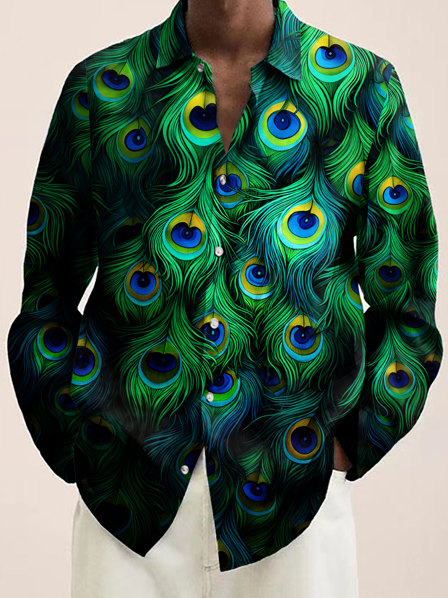Peacock Feather Print Long Sleeve Hawaiian Shirt