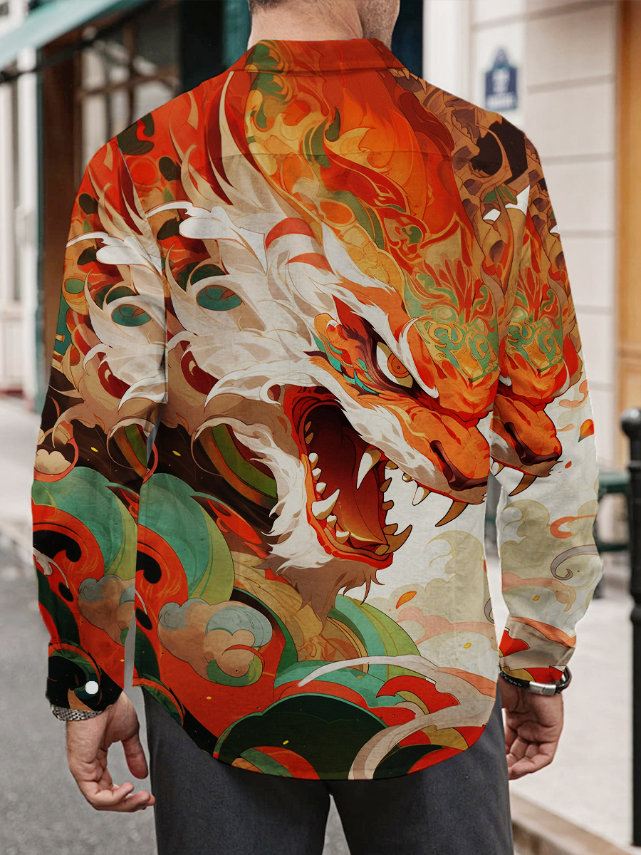 Vintage Chinese Lion Print Long Sleeve Hawaiian Shirt