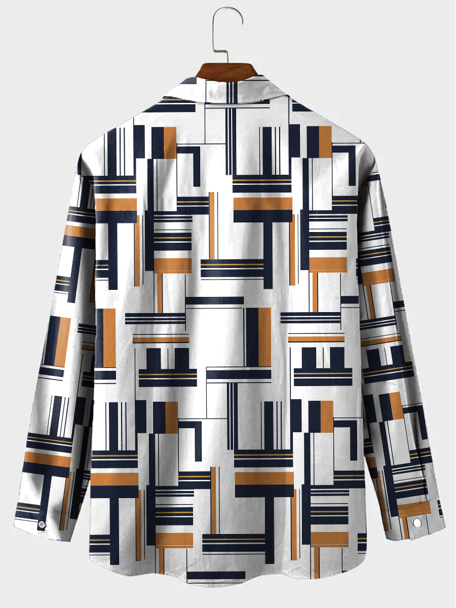 Men's Hawaiian Shirt Art Geometric Stripes Print Casual Vacation Oversized Long Sleeve Shirt
