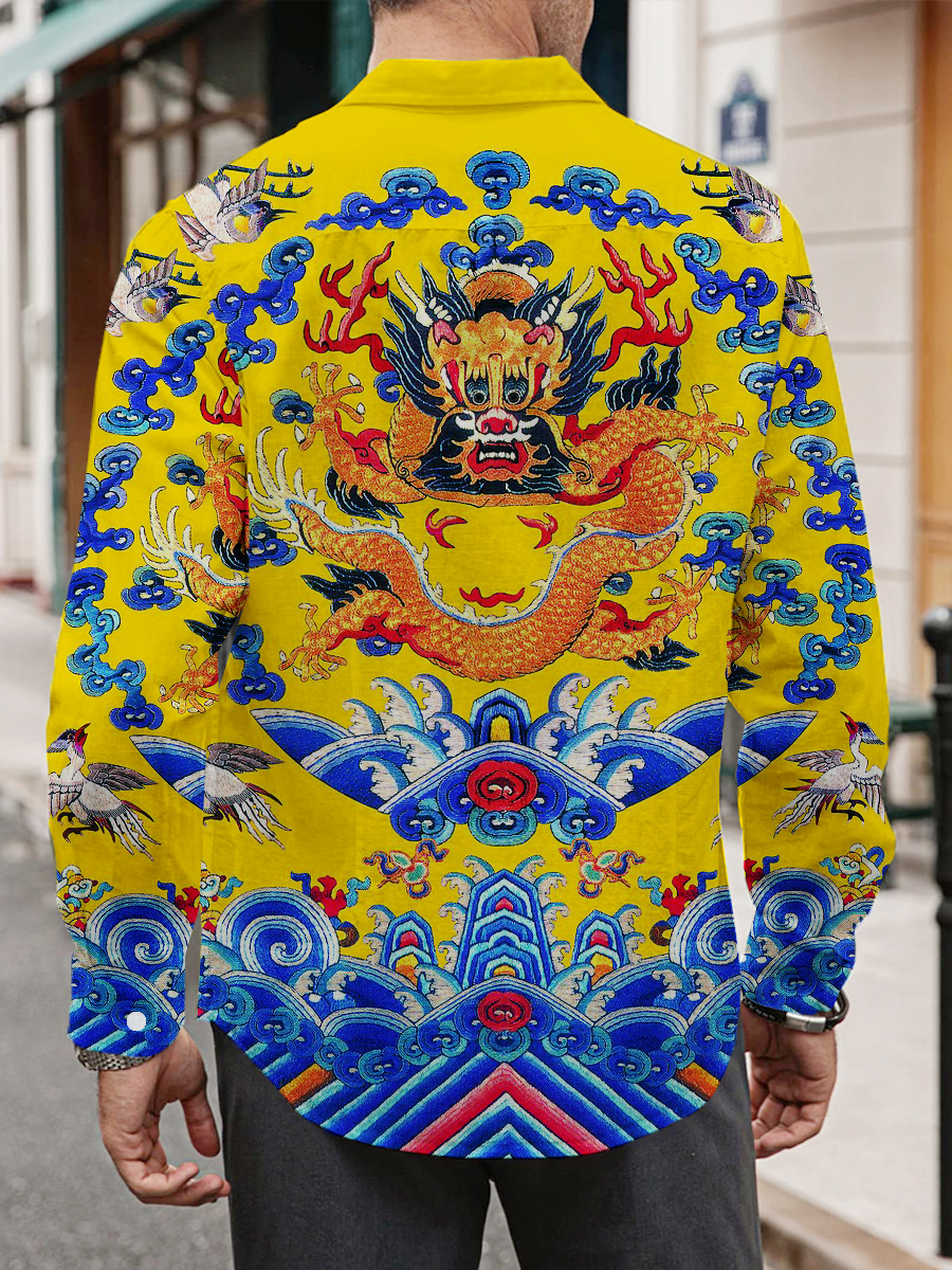 Retro Royal Golden Dragon Print Long Sleeve Hawaiian Shirt
